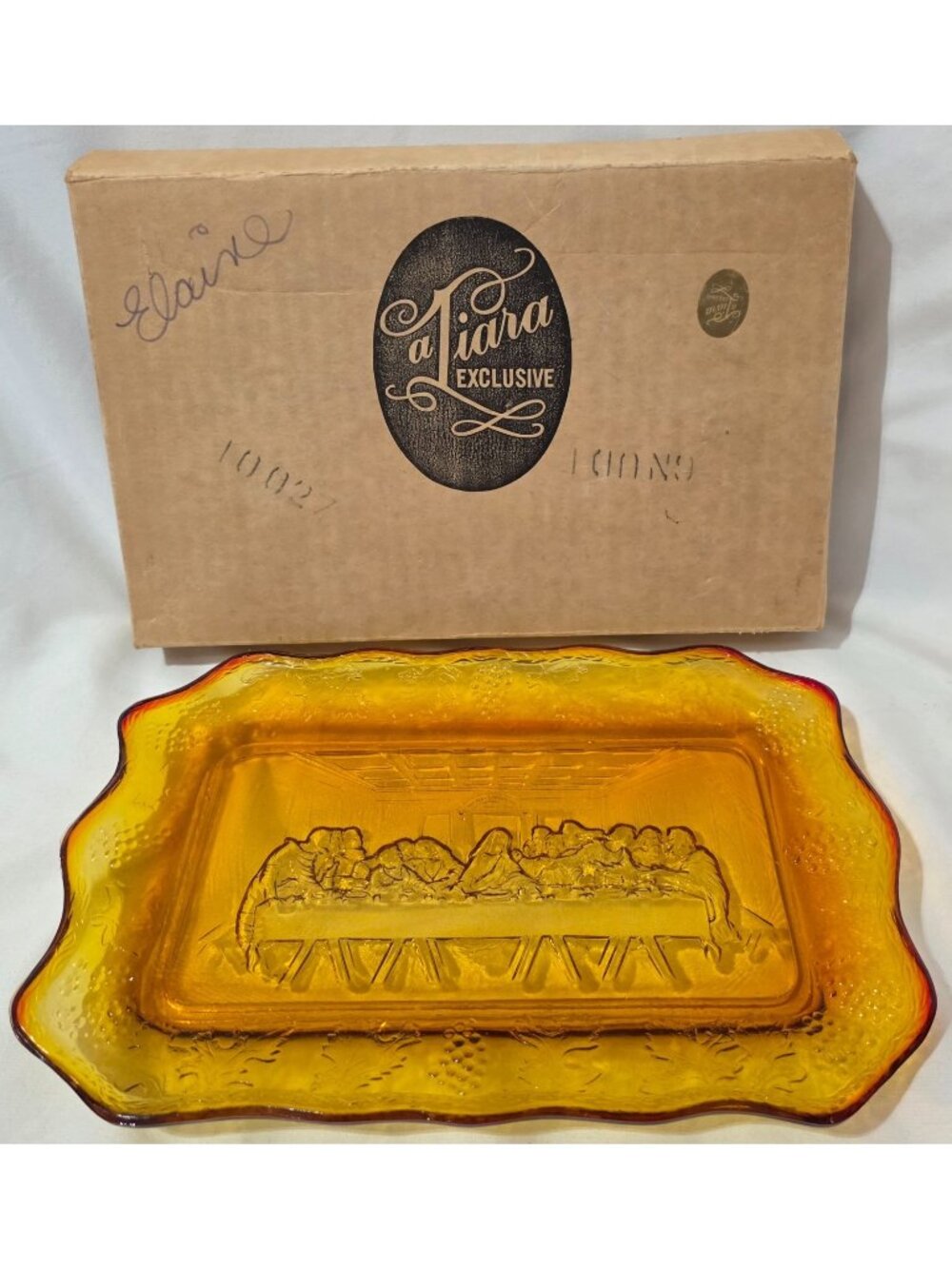 Tiara Indiana THE LAST SUPPER Bread Plate amber amberina glass dish platter 11x7